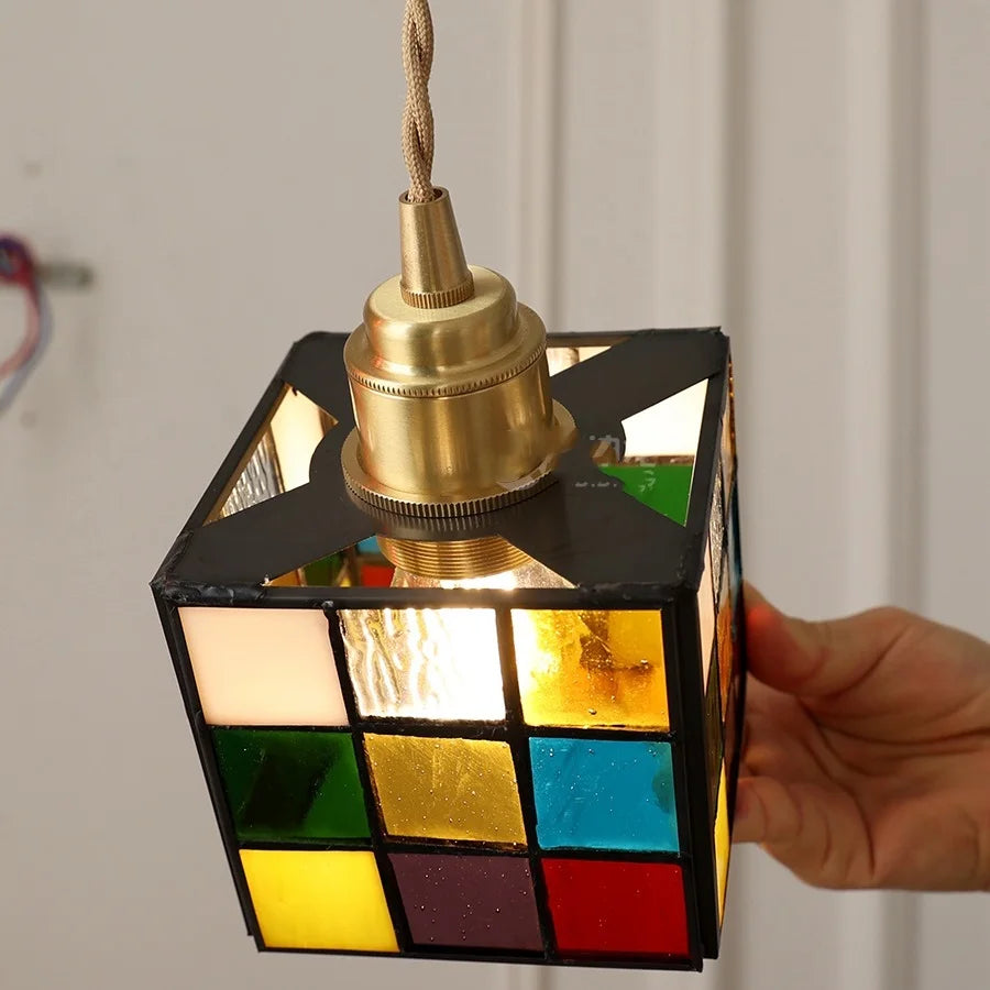 Colorful Square Glass LED Hanging Light Copper Socket Bedroom Cafe Bar Stair Home Indoor Lighting Modern Pendant Lamp