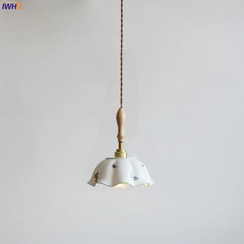 Butterfly Ceramic LED Pendant Lamp Beside Wooden Handle Copper Socket Home Decor Bedroom Dining Lving Room Light Hanglamp