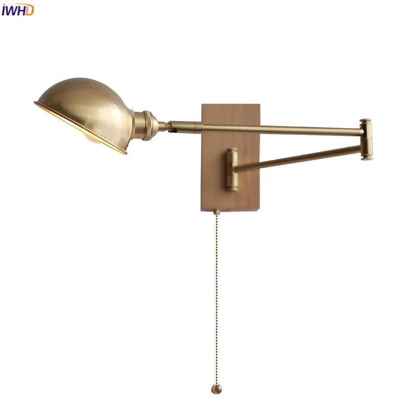 Walnut Ash Wood Canopy LED Wall Light Fixtures Pull Chain Switch Copper Arm Left Right Rotate Bedroom Beside Lamp Sconce