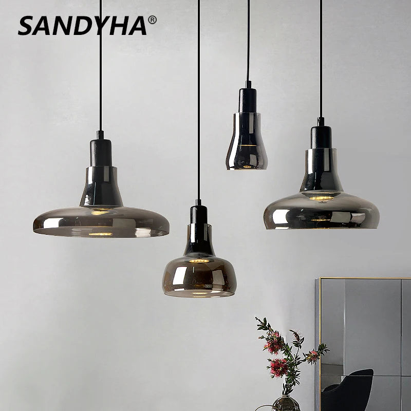 SANDYHA Nordic Smoky Gray Glass Pendant Lamp Simple Chandelier for Bedroom Bedside Dining Room Led Hanging Lighting Fixtures