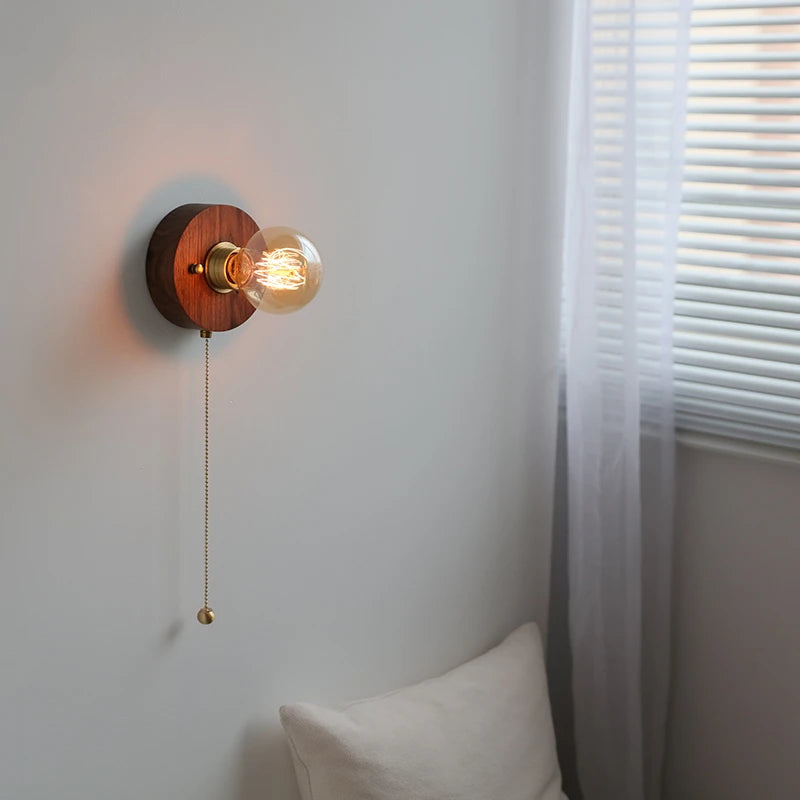 Japanese Style Vintage LED Wall Beisde Lamp Pull Chain Switch Plug in Walnut Ash Wood Copper Bathroom Mirror Stair Light