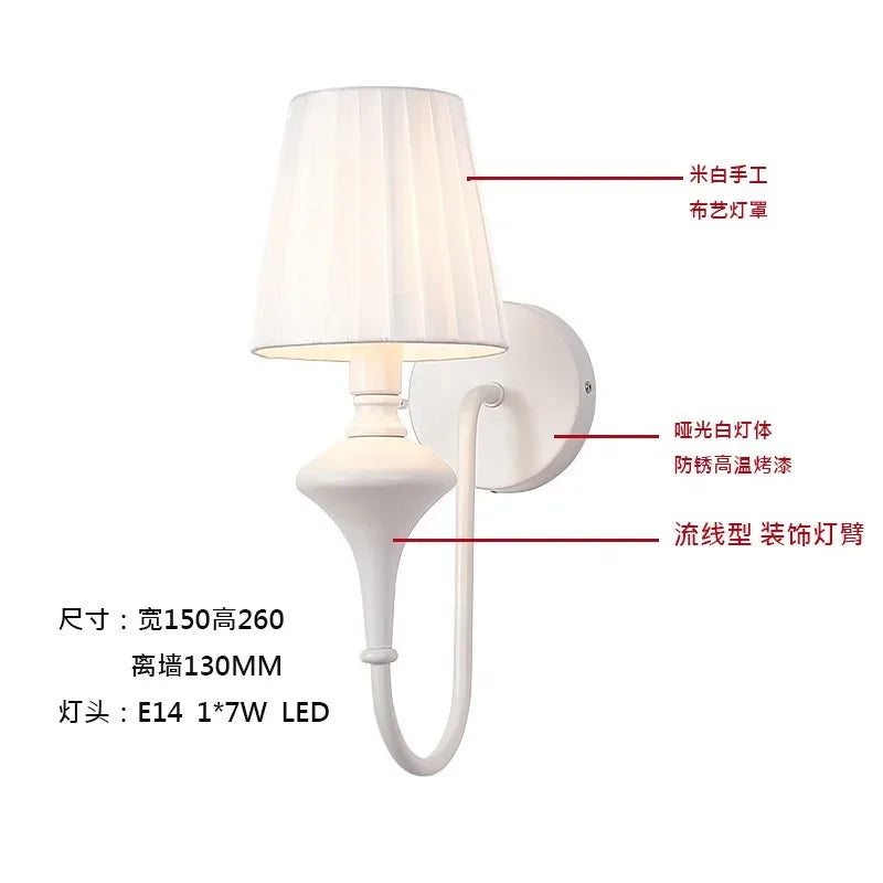 Nordic LED Room Light in The Bedroom Wrought Iron White Bedside Lamp Simple Fabric Wall Lamp