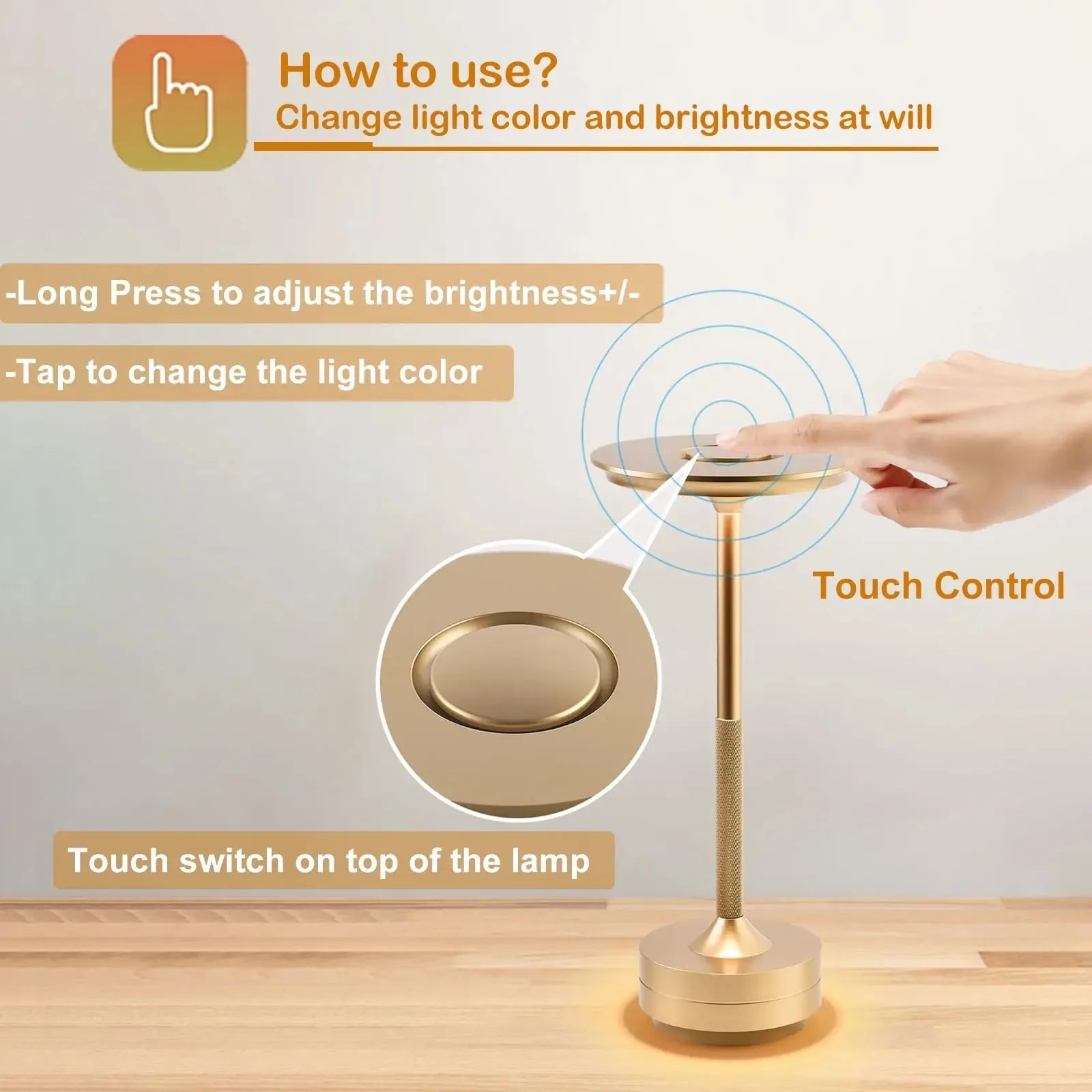 Rechargeable Wireless Table Lamp for Bedroom, Rechargeable, Touch Lamp, Camping Candle, Creative, USB-C, Desk Lamp