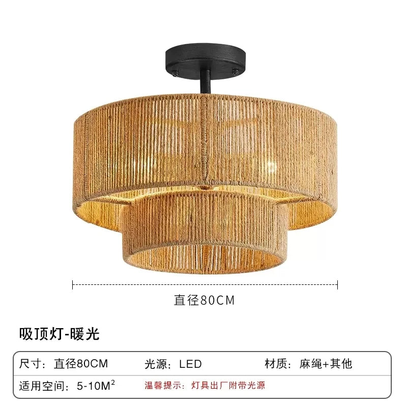 Minimalism Wabi Sabi E27 Led Pendant Lights Dining Room Retro Hemp Rope Round Ceiling Lights Restaurant Light Fixtures Led Lamp