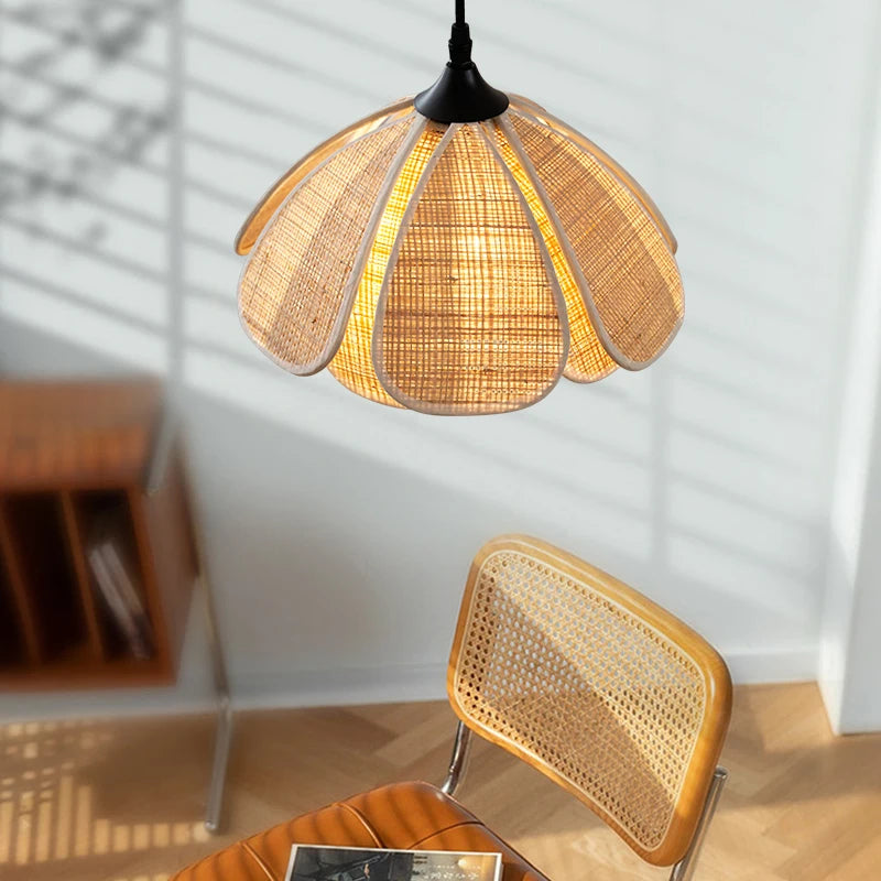 Rattan Wicker Petal LED Pendant Lights Fixtures Home Indoor Decor Bedroom Dining Living Room Light Japanese Style Hanglamp