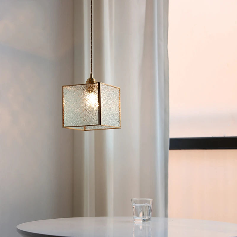 Square Glass LED Pendant Lights Fixtures Copper Hanglamp Bedroom Beside Living Dinning Room Light Modern Hanging Lamp