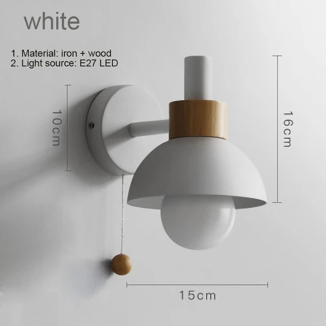 Bedside LED wall lamp Pull Chain switch Nordic modern E27 wood sconce