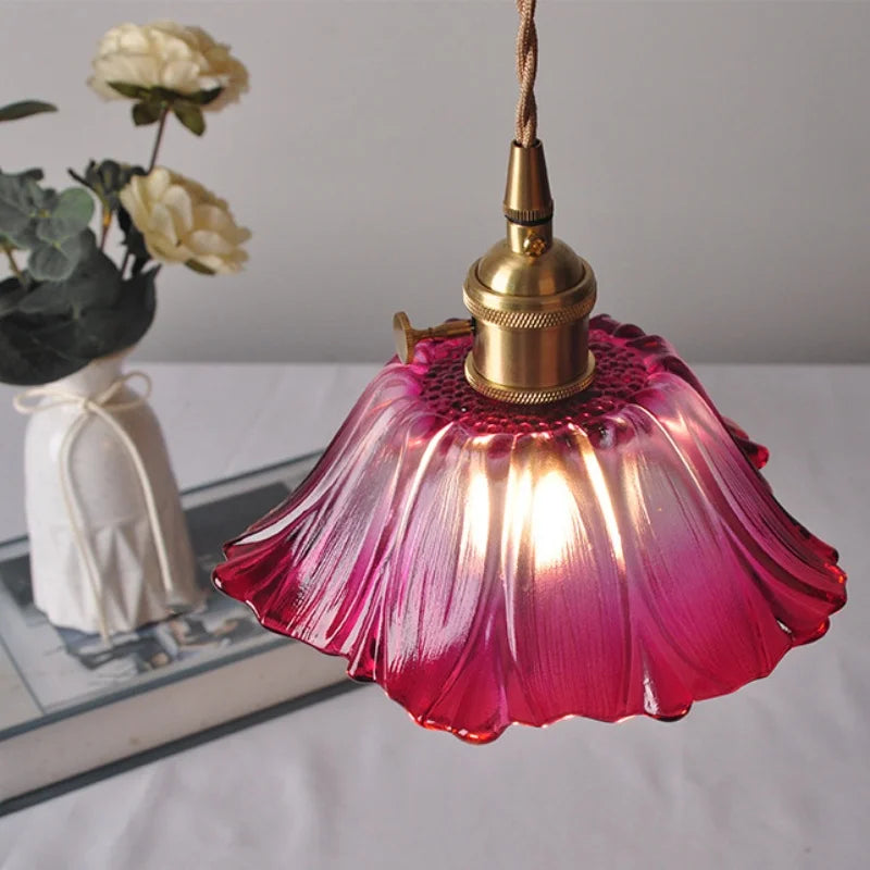 Purple Flower Glass LED Pendant Lamp Living Dining Room Bar Knob Switch Wire Adjustable Nordic Modern Hanging Light Fixture