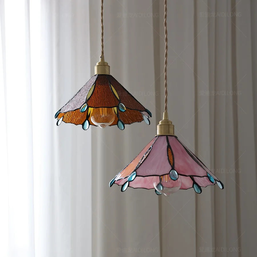 Vintage Copper Glass LED Pendant Lights Fixtures Handmade Beside Restaurant Bedroom American Country Nordic Hanging Lamp