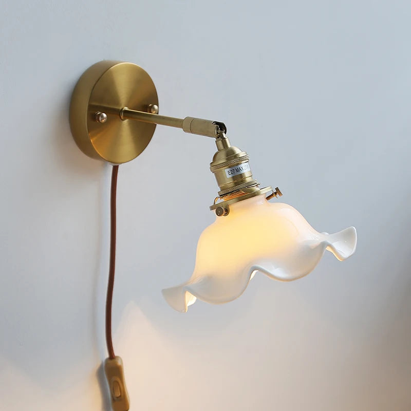 White Flower Ceramic Wall Lamp Sconce Home Indoor Lighting Plug In Switch Bedroom Stair Bathroom Mirror Light Applique