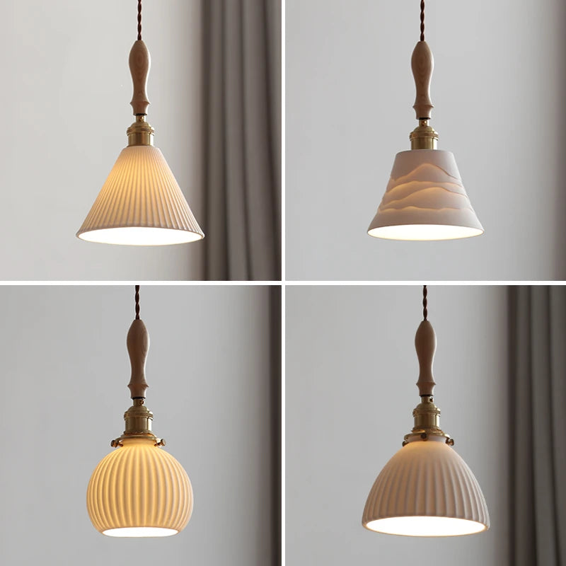 Ceramic Copper LED Pendant Lighting Fixtures Wood Hangle Home Decor Stair Bedroom Living Room Light Modern Hanging Lamp