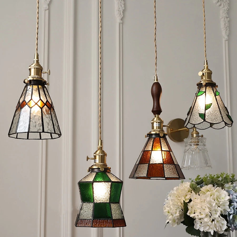 France Europe Sytle LED Pendant Light Fixtures Wood Copper Glass Lampshade Vintage Edison Bulb Hanging Lamp Home Indoor