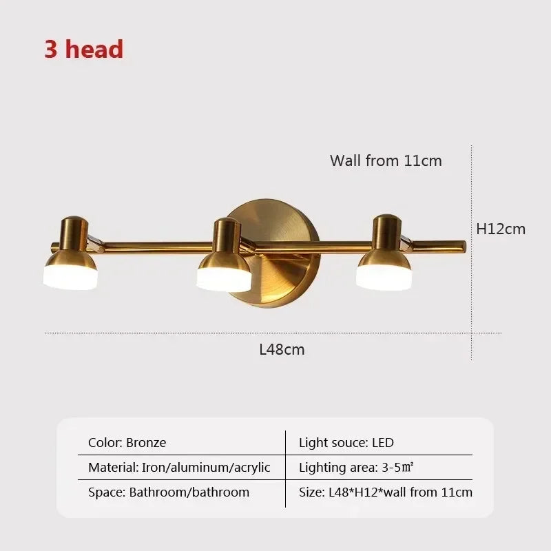 Modern LED Mirror Front Light 2/3 Heads Copper Native Color Rotatable Bathroom Lamp Bedroom Vanity Indoor Lighting Led Lustre