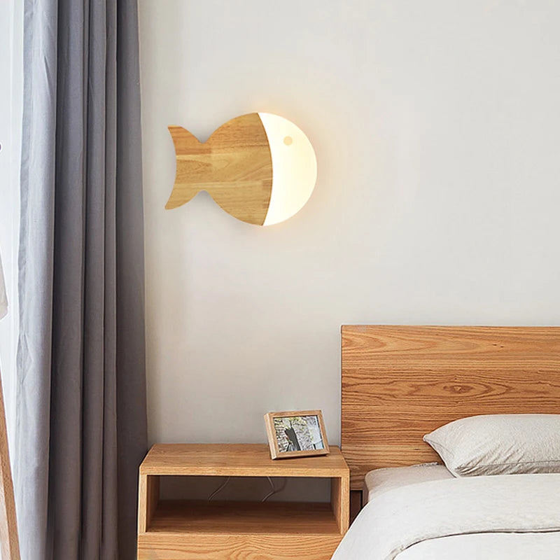 Creative Fish Wall Lights Sconce for Boy Girl Child Room Bedroom Kids Lamp Nordic Modern Led Home Decor Wood Lighting Fixture