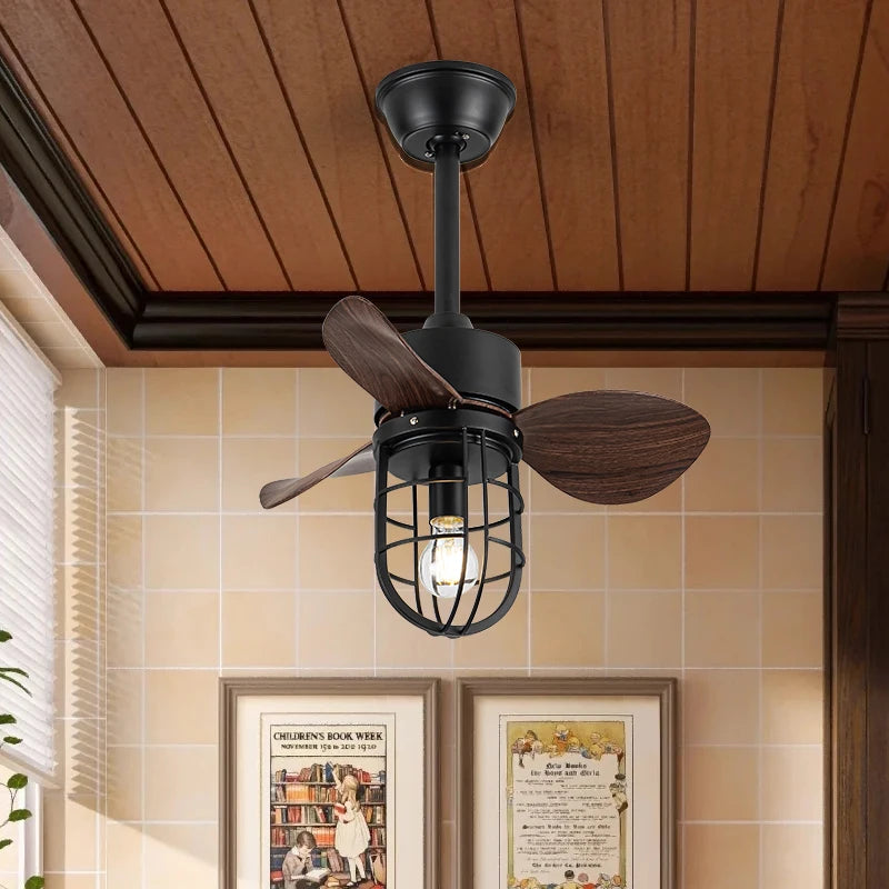 American Industrial Leaf Fan Light, Ceiling Fan for Living Room, Bedroom, Balcony, Frequency Conversion, Small Size