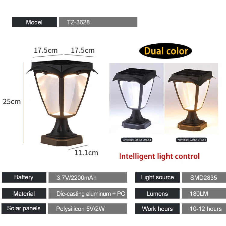 Solar Pillar Lamp Dual Color Light Outdoor Super Bright Gate Garden Villa Light Control Waterproof Home Courtyard Lantern