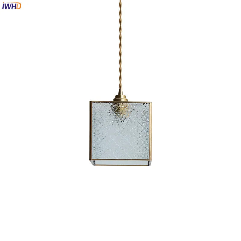 Square Glass LED Pendant Lights Fixtures Copper Hanglamp Bedroom Beside Living Dinning Room Light Modern Hanging Lamp