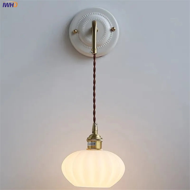 Mini Glass Ball LED Wall Lights Fixtures For Home Indoor Decor Copper Arm Ceramic Canopy Bedroom Bar Restaurant Beside Lamp