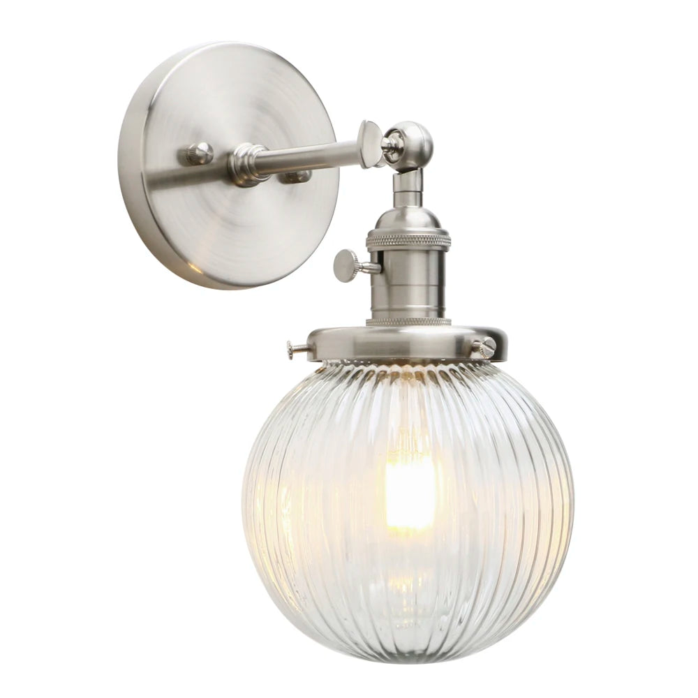 Industrial Wall Sconce Lighting Fixture with Mini 5.9" Round Clear Globe Ribbed Glass Shade (Chrome)