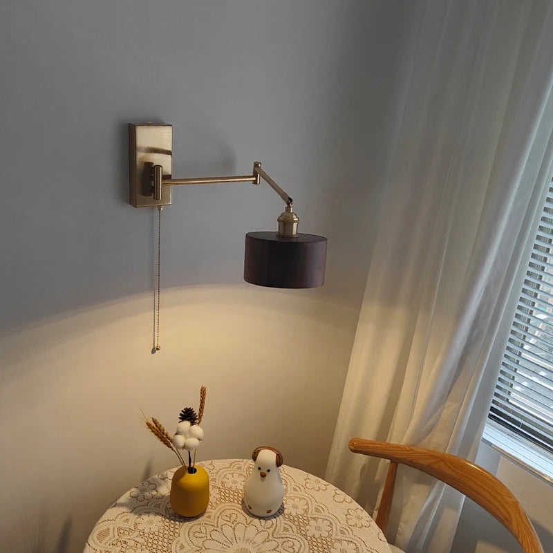 Pull Chain Switch LED Wall Light Fixtures Sconce Left Right Rotate UP And Down Bedroom Beside Lamp Wooden Modern Wandlamp