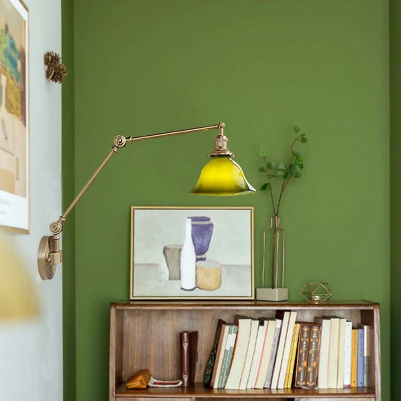 Left And Right Rotate Copper Wall Lamp Beisde Swing Long Arm Green White Lampshade Nordic Modern Wandlamp Lighting