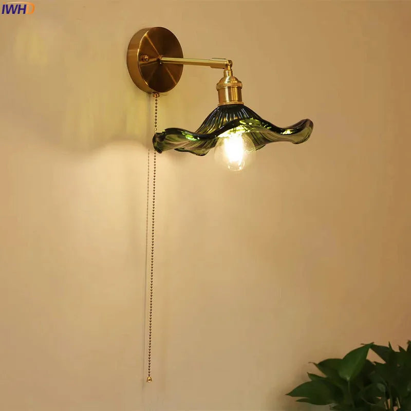 Green Glass Copper LED Wall Lamp Sconce Pull Chain Bedside Bedroom Bathroom Mirror Stair Light Nordic Modern Wandlamp