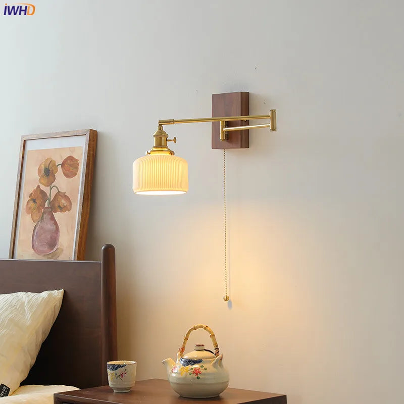 Walnut Ceramic LED Wall Lamp Beside Copper Arm Left Right Rotate Pull Chain Switch Bathroom Mirror Stair Light Wandlamp