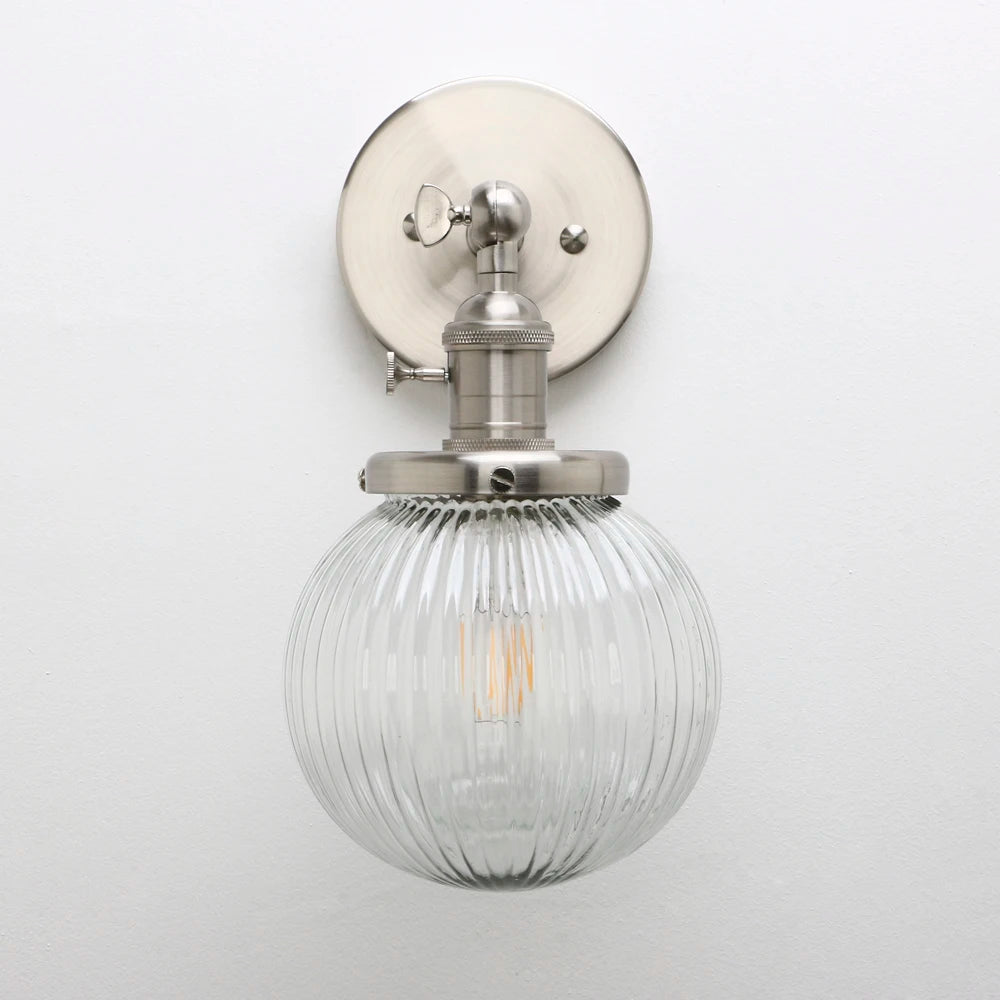 Industrial Wall Sconce Lighting Fixture with Mini 5.9" Round Clear Globe Ribbed Glass Shade (Chrome)