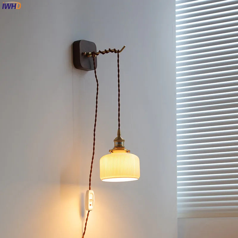 Japan Style Modern LED Wall Lamp Sconce EU US Plug In Ceramic Lampshade Wooden Base Bedroom Living Room Light Wandlamp