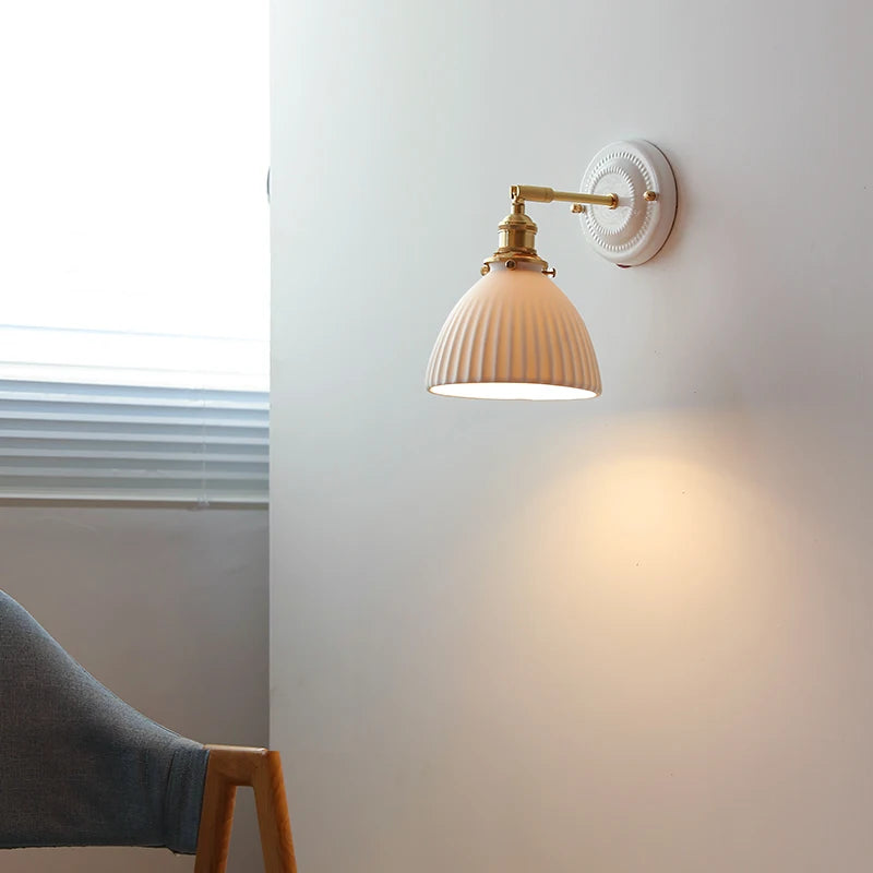 Pull Chain Switch LED Wall Sconce White Ceramic Lampshade Copper Arm Bedroom Bathroom Mirror Stair Light Modern Wall Lamp