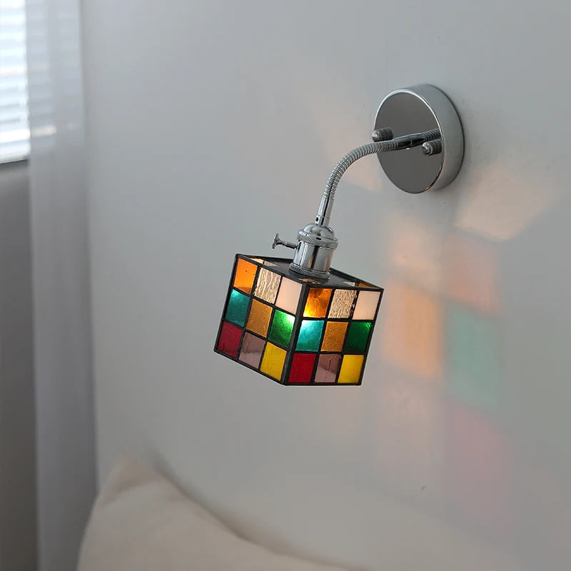 Colorful Square Glass LED Wall Light Sconce Silver Iron Metal  Flexible Arm Ajdustable Bedroom Beside Lamp Applique Murale