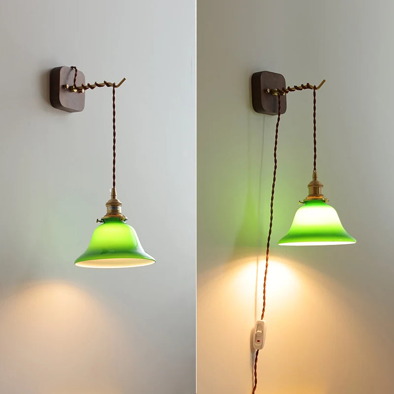 Walnut Canopy Green Glass LED Wall Light Fixtures Hardwire Pull Chain Swith Plug In Copper Home Indoor Beside Lamp Wandlamp