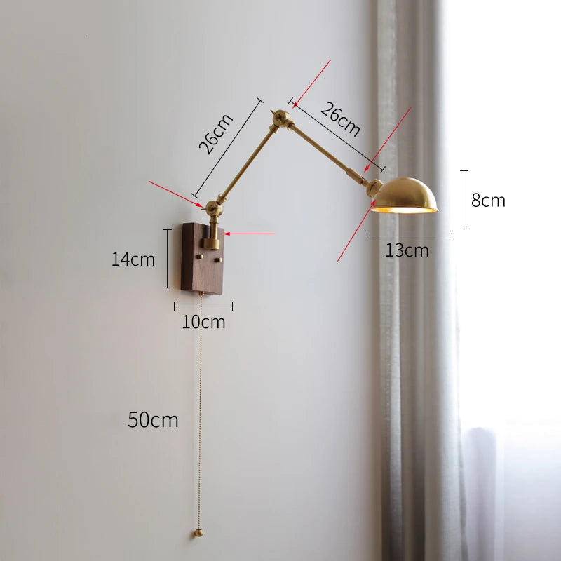 Nordic Modern Copper LED Wall Lamp Beside Pull Chain Switch Wooden Canopy Bedroom Bathroom Mirror Light Long Arm Wandlamp