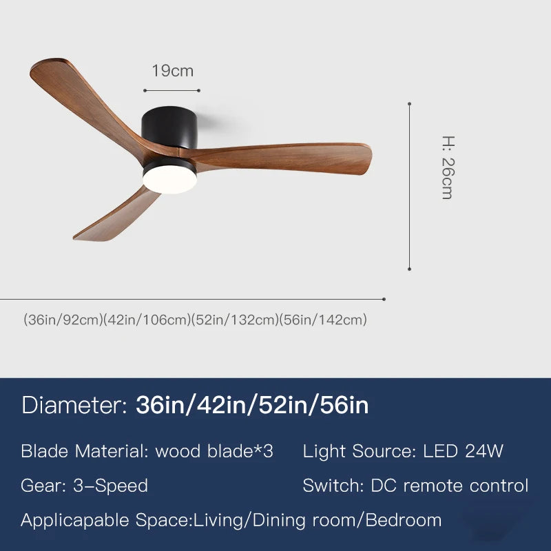 36 42 52 56 Inch Ceiling Fan Lights 3 Speed Adjustable Hardware Solid Wood Remote Control Ventilator for Living Room Bedroom