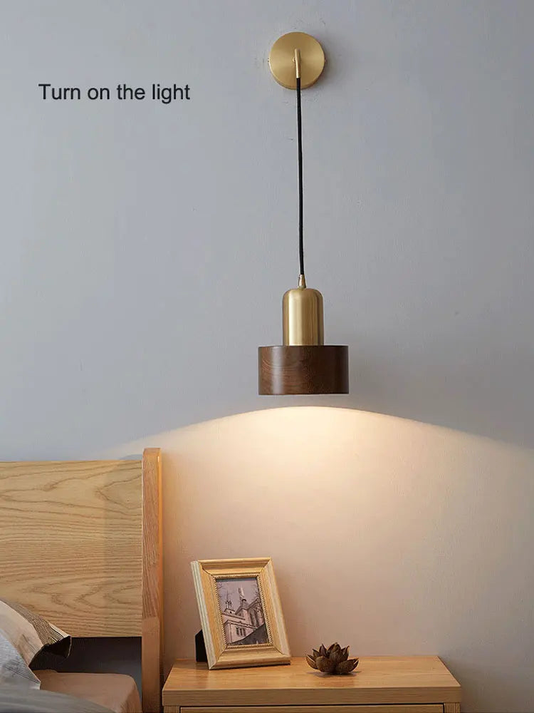 Modern And Simple Bedroom Bedside Lamp Living Room Background Wall All Copper Walnut Wood Nordic Wall Lamp