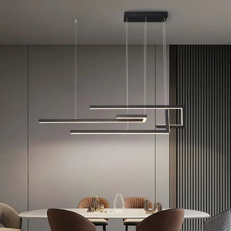 Modern Minimalism LED Pendant Lamp For Dining Room Kitchen Bar Living Room Bedroom Black Rectangle Dimmable Chandelier Lights