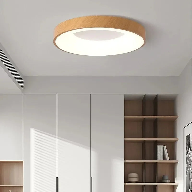 LED Nordic Ceiling Light Circular Wood Grain Macaron Lamp Modern Bedroom Study Balcony Children's Room Dimmable Home Light