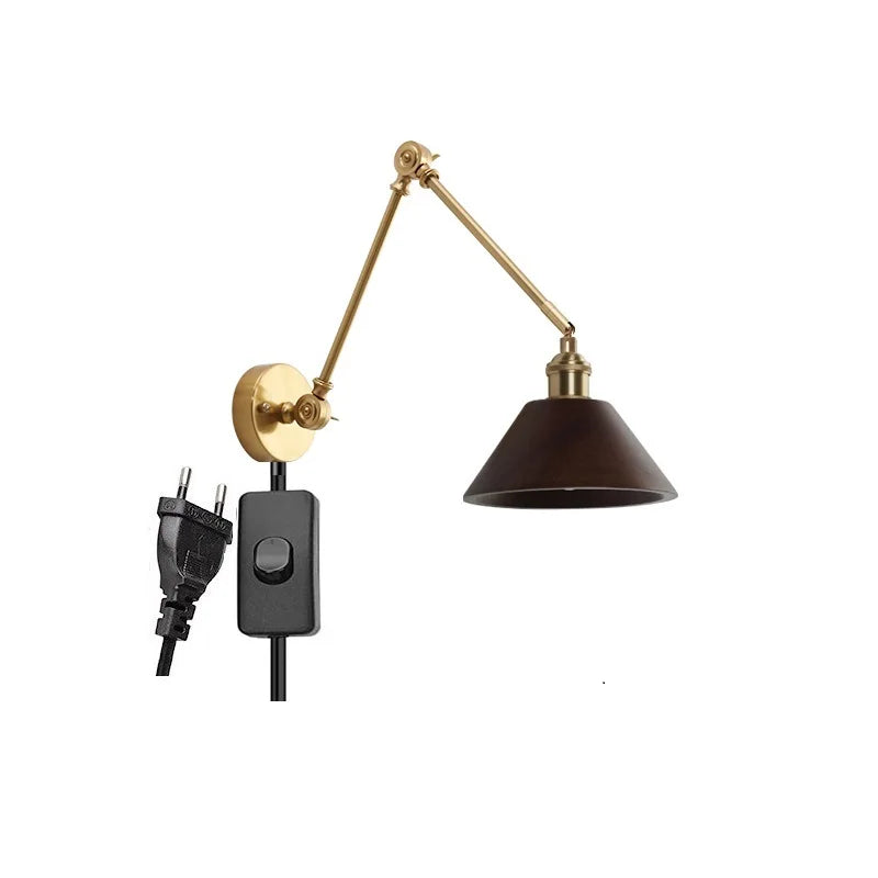 Copper Swing Long Arm LED Wall Light Sconce Pull Chain Switch Up And Down Bedroom Beside Lamp Nordic Modern Wooden Wandlamp