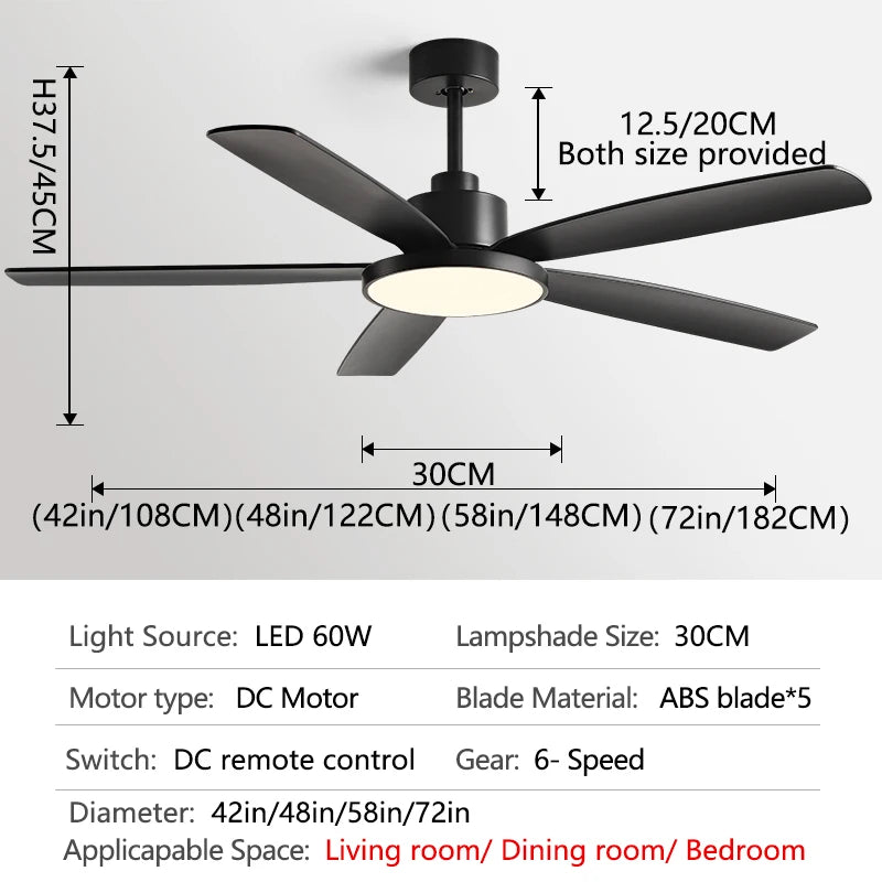 72inch Large Ceiling Fans DC motor 5 ABS Bladet Living Bedroom Ceiling Fan With Lights support Remote Control 220V 110V Fans