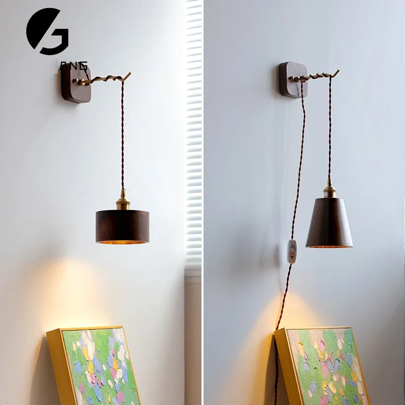 Walnut Wooden Copper LED Wall Light Fxitures Wandlamp Pull Chain Plug In Bedroom Living Room Beside Lamp Home Indoor Light