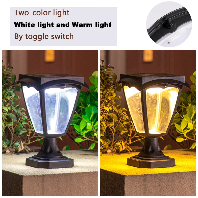 Solar Pillar Lamp Dual Color Light Outdoor Super Bright Gate Garden Villa Light Control Waterproof Home Courtyard Lantern