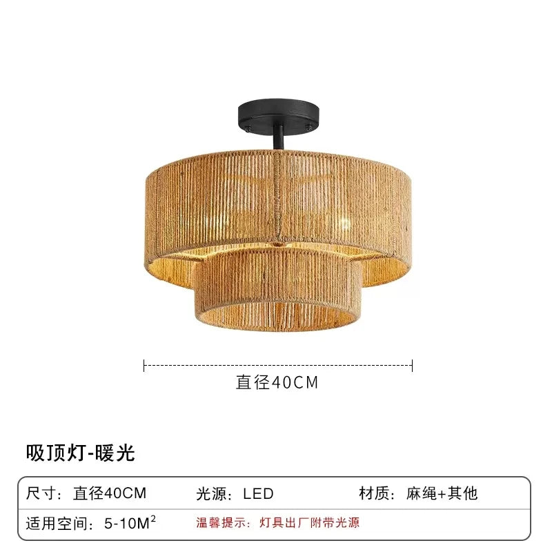 Minimalism Wabi Sabi E27 Led Pendant Lights Dining Room Retro Hemp Rope Round Ceiling Lights Restaurant Light Fixtures Led Lamp