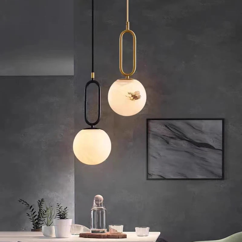 Brass LED Pendant Lights Natural Marble Dining Room Bedroom Kitchen Hanging Lamp Black Gold Copper Cord Adjustable G9 Bulb