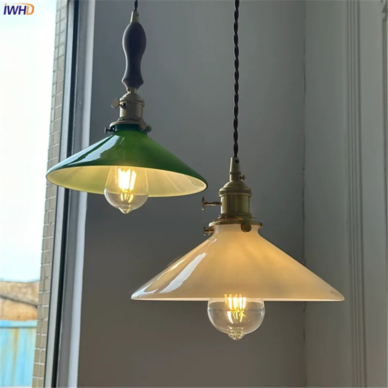 White Green Glass LED Pendant Lights Fixtures Copper Socket Wood Bedroom Living Room Stair Nordic Edison Handing Lamp