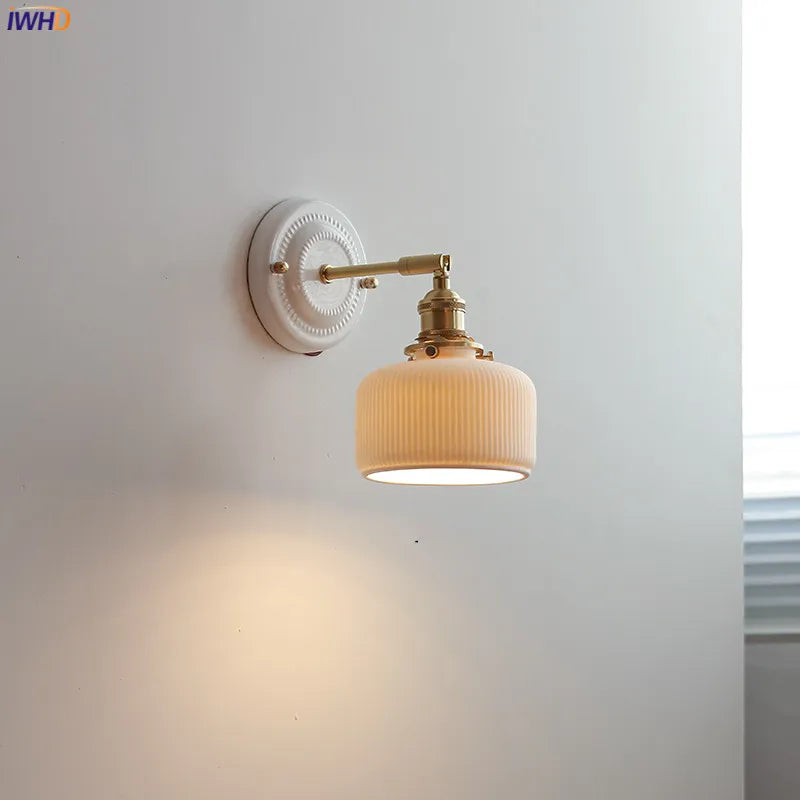 Nordic Modern Copper LED Wall Lamp Sconce Beside Pull Chain Switch Bedroom Stair Bathroom Mirror Light Cereamic Wandlamp