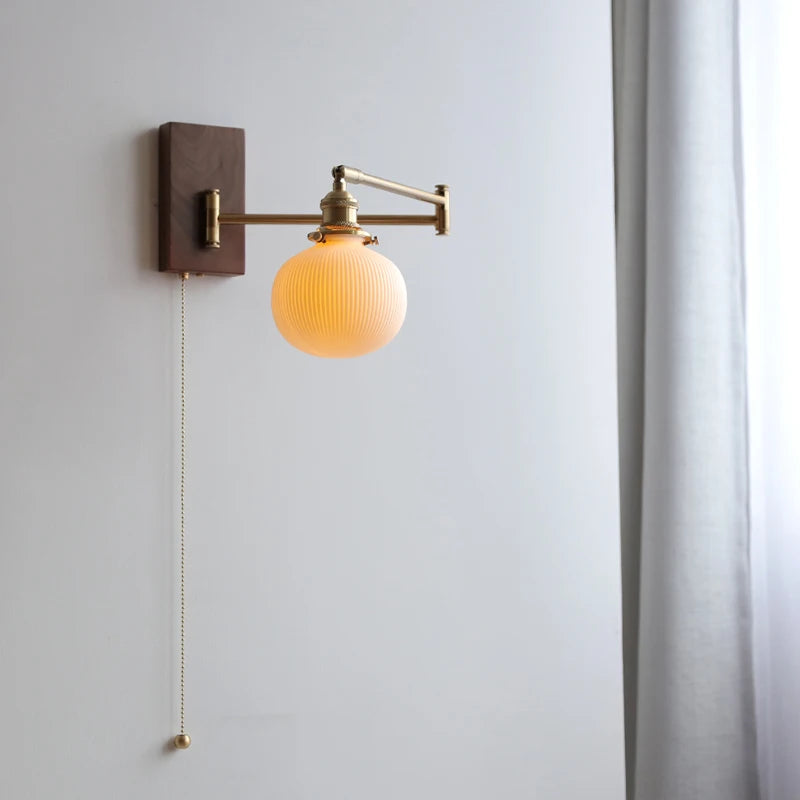 Pull Chain Switch LED Wall Lamp Beside Bedroom Living Room Light Arm Left Right Totate Wood Canopy Applique Murale Sconce