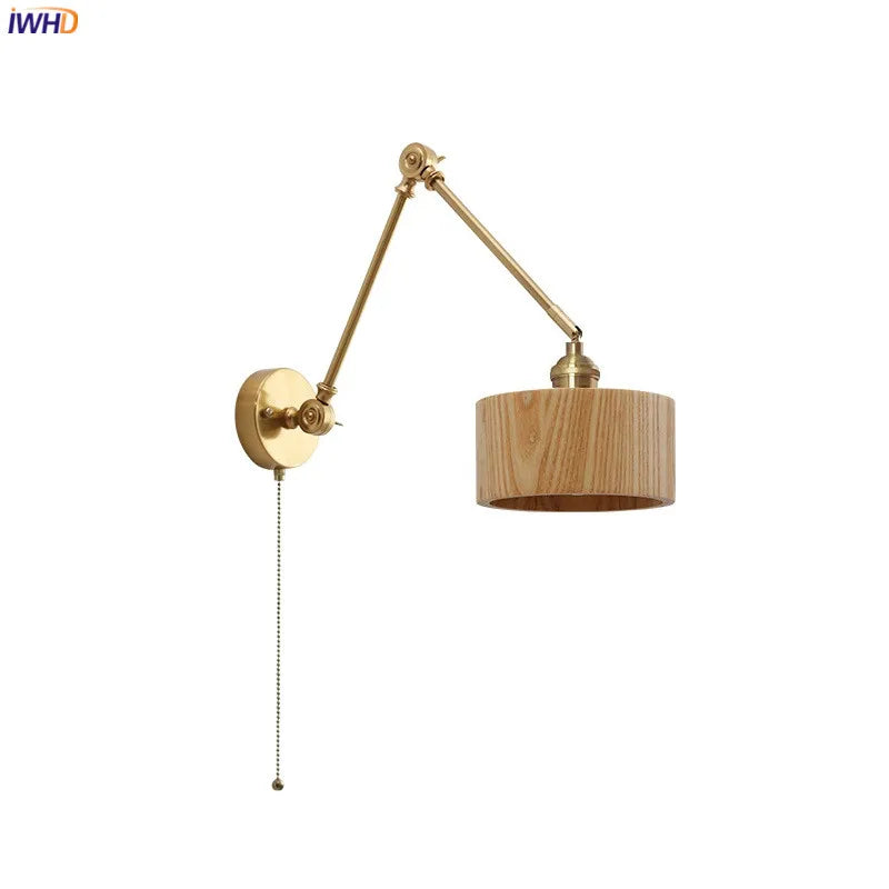 Nordic Modern Wood LED Wall Lamp Sconce Pull Chain Switch Up And Down Copper Swing Long Arm Bedroom Beside Stair Light