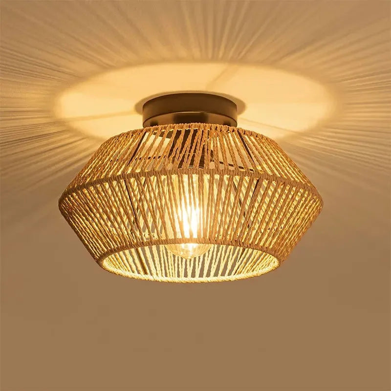 Woven Rattan Ceiling Light Fixtures Boho Semi Flush Mount Ceiling Light Hand-Woven Cage Natural Mini Chandelier Retro Light Fixt