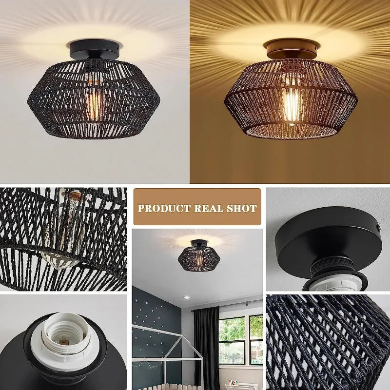 Woven Rattan Ceiling Light Fixtures Boho Semi Flush Mount Ceiling Light Hand-Woven Cage Natural Mini Chandelier Retro Light Fixt