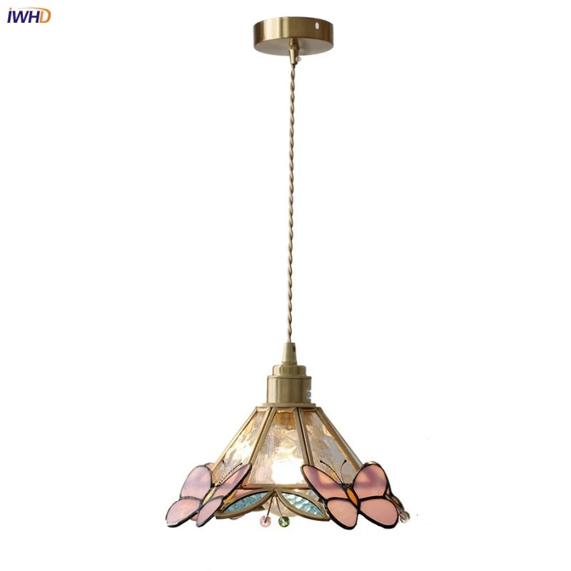 Nordic Modern LED Pendant Light Fixtures Bedroom Kitchen Aisle Butterfly Flower Wire Adjustable Glass Copper Hanging Lamp